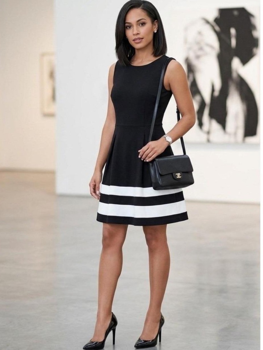 Calvin Klein Hem Striped Belted Sleeveless Dress